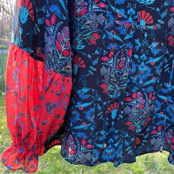 Benares Womens V-Neck Long Sleeve Sheer Floral Shirt XL - Picture 3 of 8